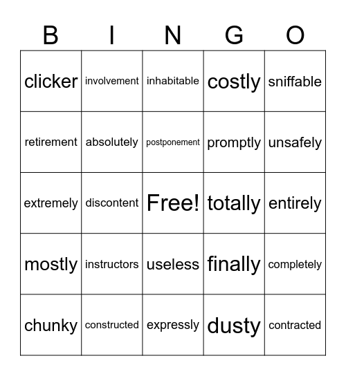 Suffix Bingo! Bingo Card