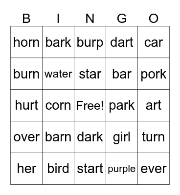 "R Controlled" vowel words Bingo Card