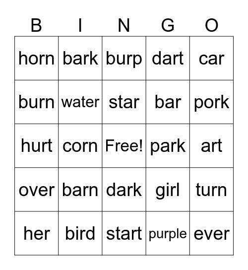"R Controlled" vowel words Bingo Card