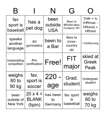 Cardio Class Bingo Card