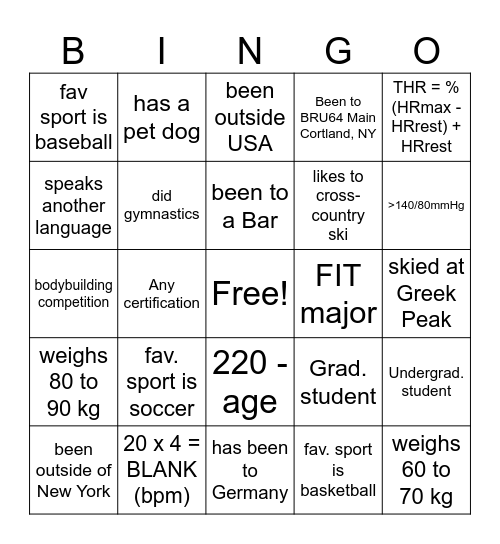 Cardio Class Bingo Card
