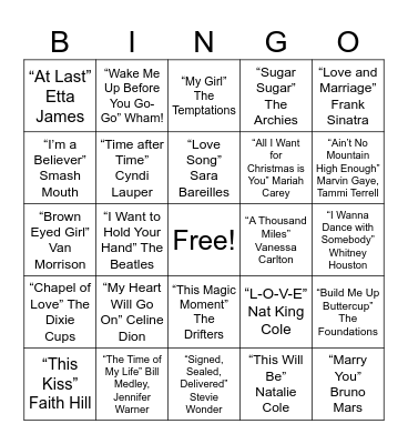 Love Songs Bingo Card