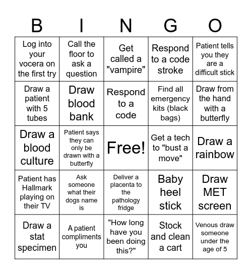 Phlebotomy Bingo Card