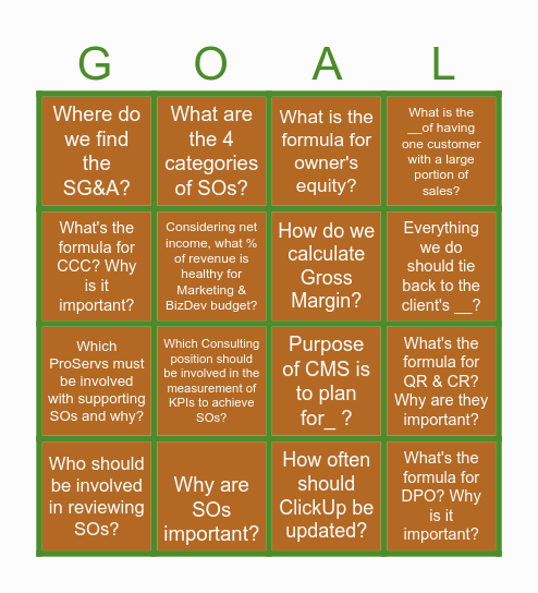 Strategic Objectives Bingo Card