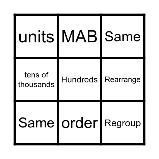 Place Value Vocabulary Bingo Card