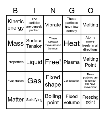 States of Matter Bingo Card
