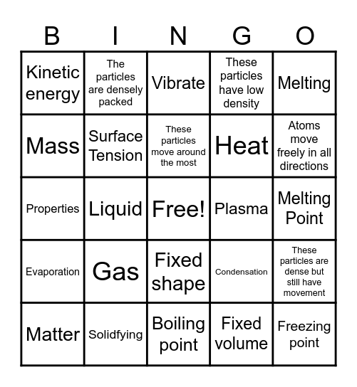 States of Matter Bingo Card