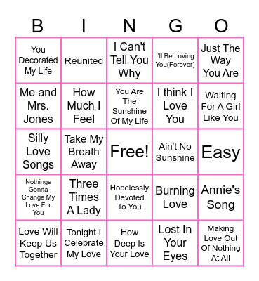 70's and 80's love songs Bingo Card