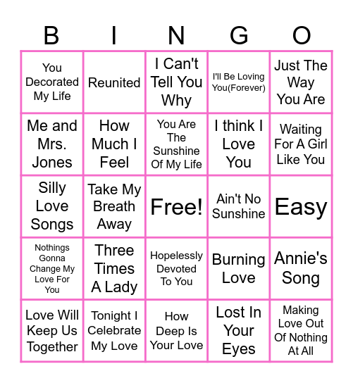 70's and 80's love songs Bingo Card