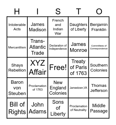 HUSH United States History Bingo Card