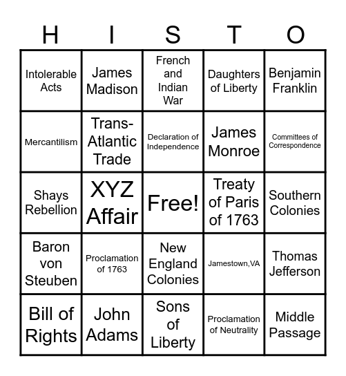 HUSH United States History Bingo Card