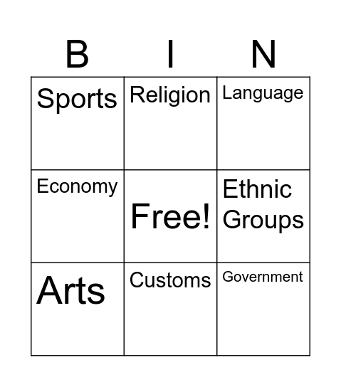 Elements of Culture Bingo Card