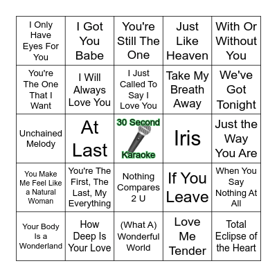 Love Songs Bingo Card