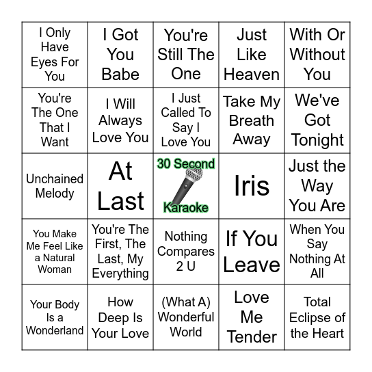 Love Songs Bingo Card