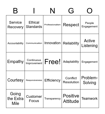 Service Excellence Bingo Card