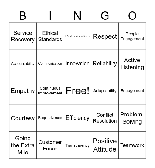 Service Excellence Bingo Card