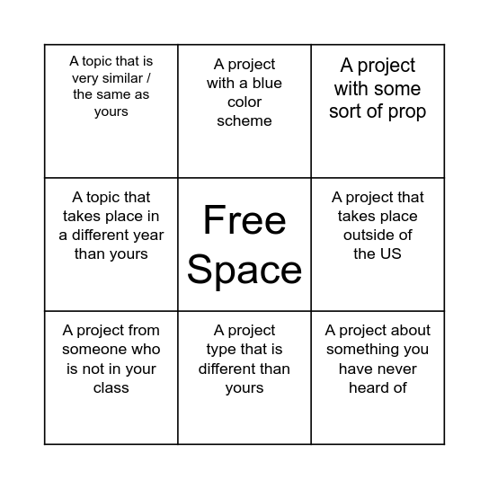 NHD Showcase Bingo Card