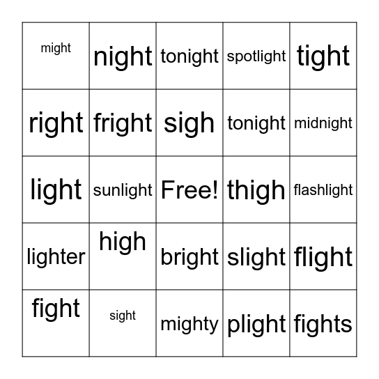 'igh' Bingo Card
