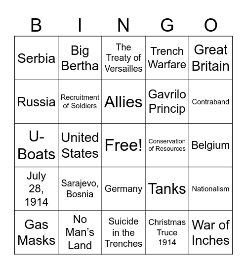 WWI Bingo Card