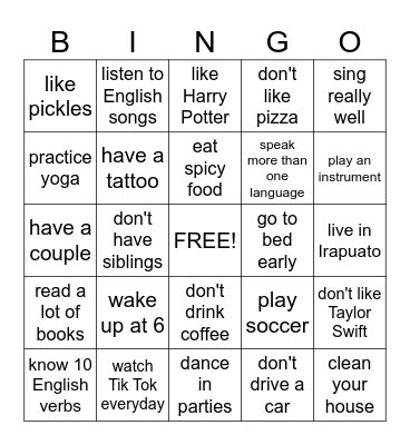 PRESENT SIMPLE Bingo Card