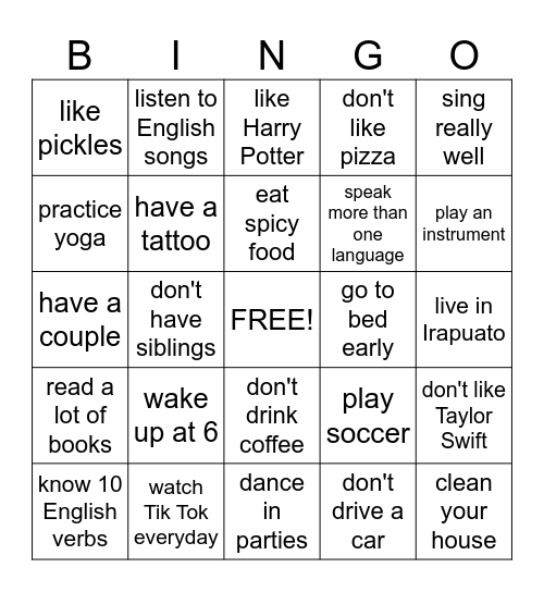 PRESENT SIMPLE Bingo Card