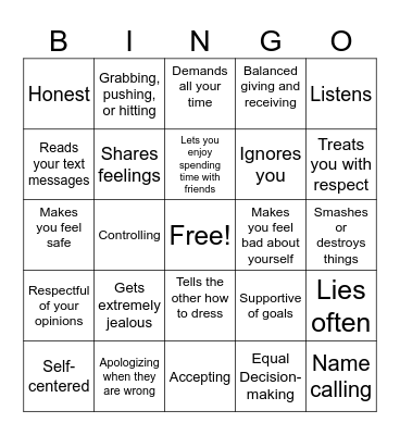 Relationship Bingo Card