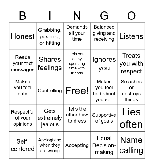 Relationship Bingo Card
