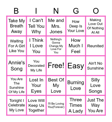 70's and 80's Love Songs Bingo Card