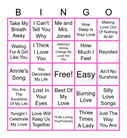 70's and 80's Love Songs Bingo Card