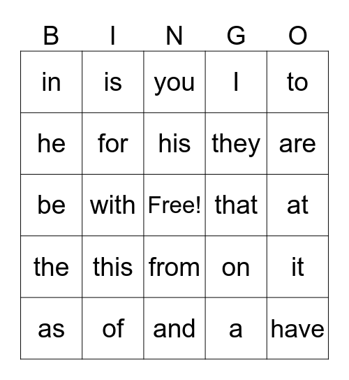 Sight Words #1 Bingo Card