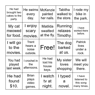 Verb Tenses Bingo Card