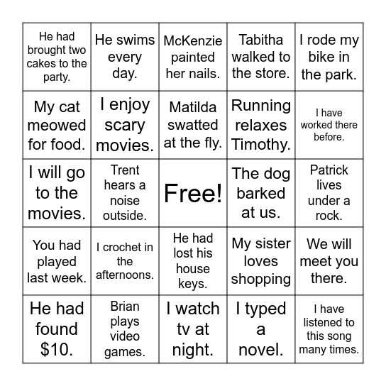 Verb Tenses Bingo Card