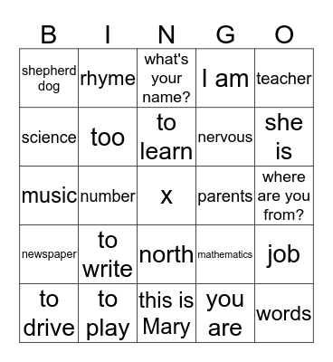 Engelse woordjes Bingo Card