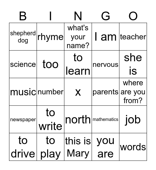 Engelse woordjes Bingo Card