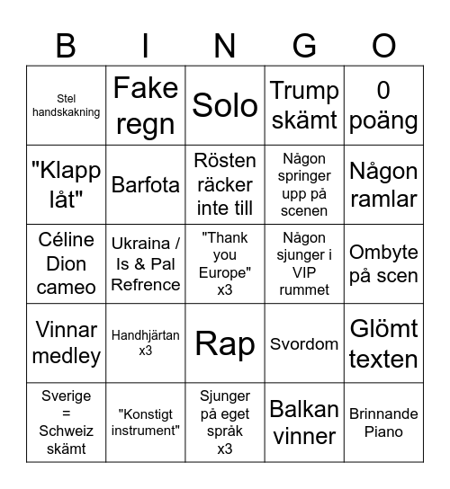 Eurovision 2025 Bingo Card