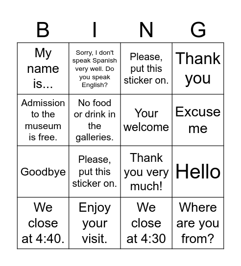 HNOC clase de español Bingo Card