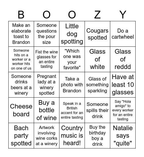 Winery Birthday Bingo! Bingo Card