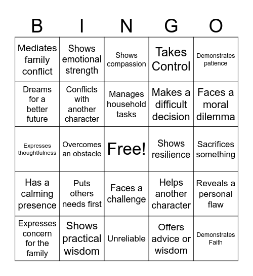 Character Archetype Bingo Card