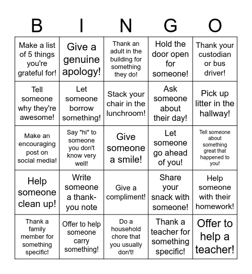 Be Kind Bingo Card