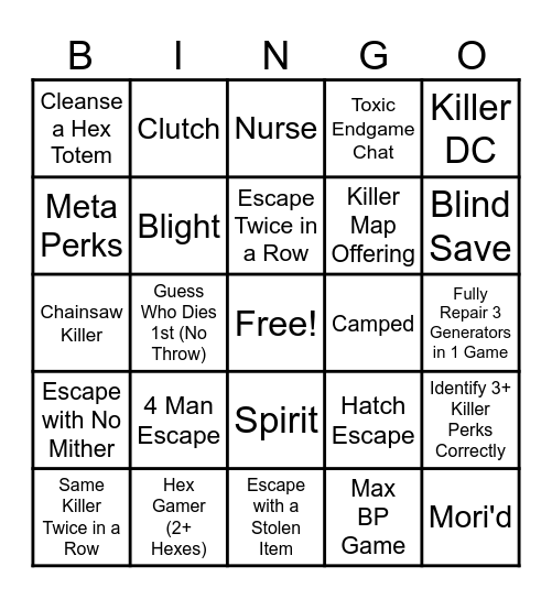 DBD Survivor Bingo Card