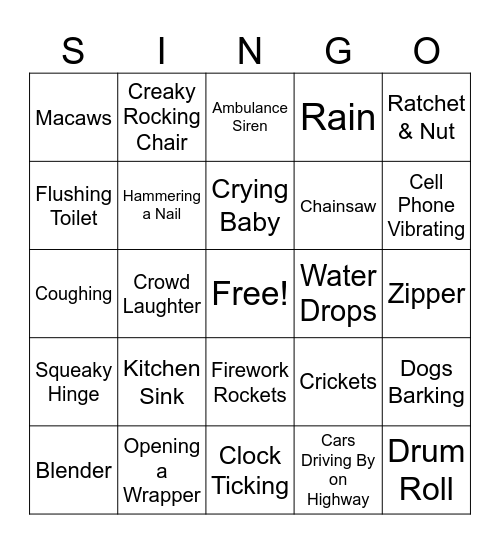 SINGO - Sound Effects Bingo Card
