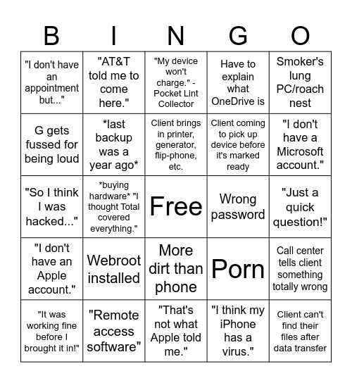 Geek Squad Bingo Card