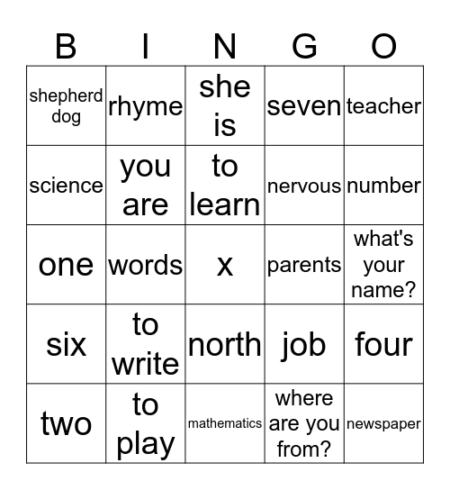 Engelse woordjes Bingo Card