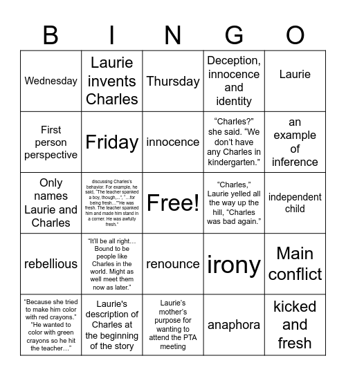 Charles by Shirley Jackson Bingo Card
