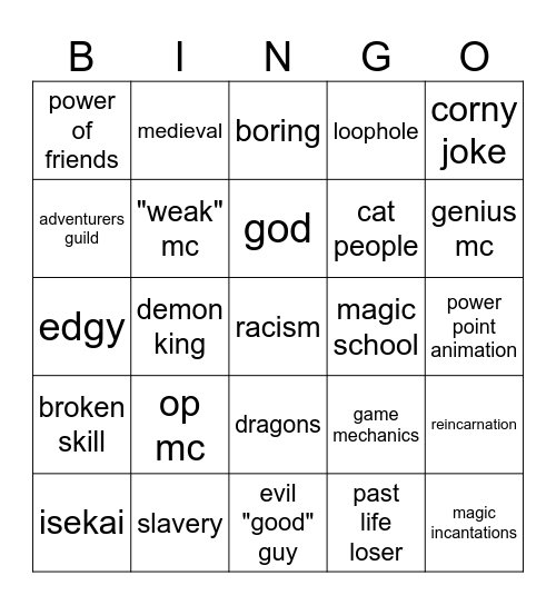 garbage isekai Bingo Card
