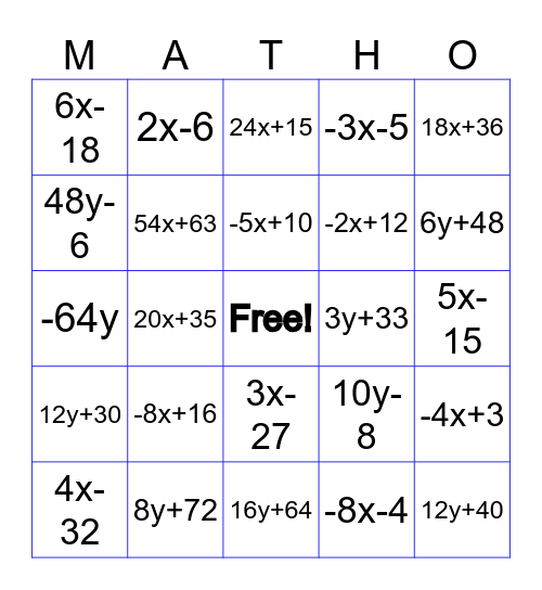 Distributive Property Bingo Card