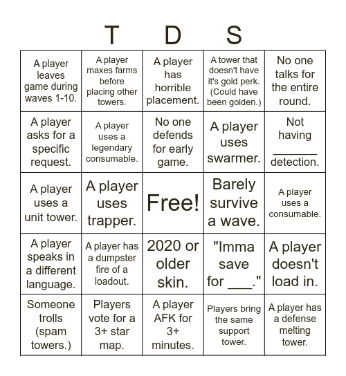 TDS Bingo Card