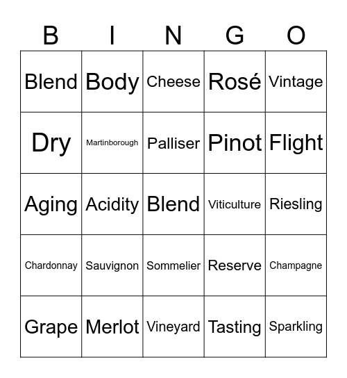 Palliser Estate Wine Bingo Card
