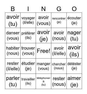 -er verbs and avoir Bingo Card
