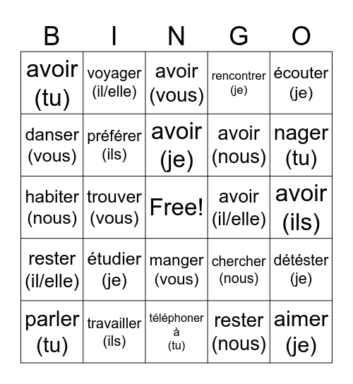 -er verbs and avoir Bingo Card